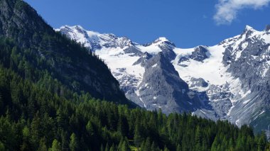 İtalya 'nın Trentino-Alto Adige bölgesindeki Stelvio geçidi boyunca uzanan dağ manzarası.