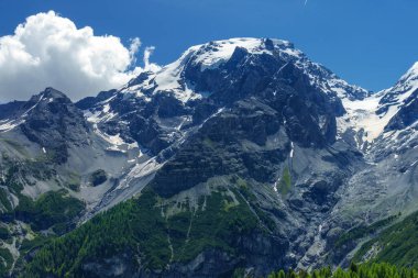 İtalya 'nın Trentino-Alto Adige bölgesindeki Stelvio geçidi boyunca uzanan dağ manzarası. Buzul