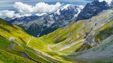 İtalya 'nın Trentino-Alto Adige bölgesindeki Stelvio geçidi boyunca uzanan dağ manzarası..