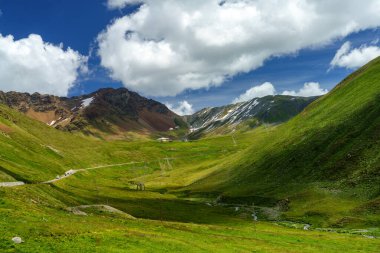 Stelvio geçidi boyunca uzanan dağ manzarası, Sondrio ili, Lombardy, İtalya, yaz mevsiminde.