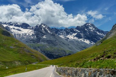 Stelvio geçidi boyunca uzanan dağ manzarası, Sondrio ili, Lombardy, İtalya, yaz mevsiminde.