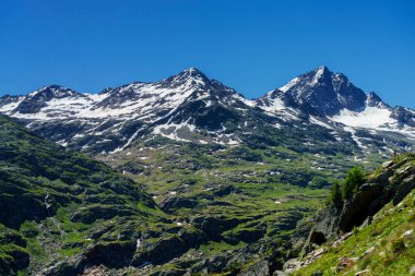 Passo Gavia, Sondrio ili, Lombardy, İtalya: yaz aylarında dağ geçidi boyunca manzara
