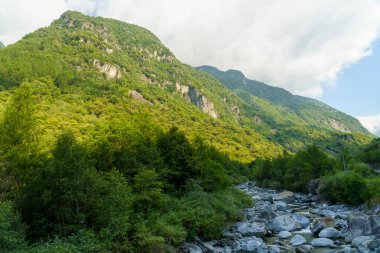 Yaz mevsiminde Val Masino 'daki dağ manzarası, İtalya' nın Lombardy eyaletindeki Sondrio bölgesinde bir vadi.