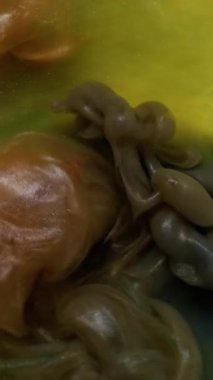 Dikey video. Duman akışı. Soyut mürekkep. Sanatın arka planında çözünmüş sarı kahverengi renkli duman kimyasal doku karışım sıvısı.