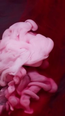 Dikey video. Harman boyası. Akrilik rengi. Soyut arkaplanda yüzen su parçacıkları dumanının içine dökülen odaksız kırmızı pembe bulut.