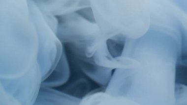 Boya bulutu. Buhar akışı. Beyaz mavi pigment sisi suda çözünür. Siyah bulanık arkaplanda sanat soyut kıvırcık dökülmüş mürekkep harmanı rengi.