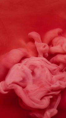 Dikey video. Boya damlası. Atmosferik duman. Odaklanmamış kırmızı, pembe renk buharı. Soyut sanat arka planında yüzen su buharı..