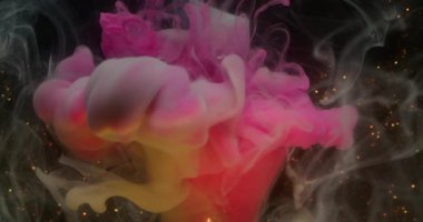 Pigment sıçraması. Odaklanmamış duman dalgası. Pembe sarı gri sis karışımı mürekkep sıvıda. Işıldayan renk arkaplanında parlak bir çelenk.