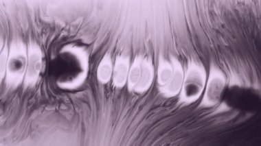 Boya sıçraması. Sıvı dökülmesi. Odaklanmamış mor beyaz renk kimyasal pigment düşüşü soyut yaratıcı sanat arka planına yayılıyor.