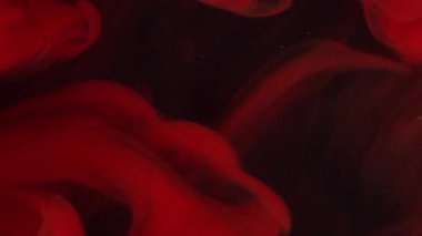Canlı bir duman. Mürekkep atışı. Suyun altında kırmızı kıvrım pigmenti çözülür. Siyah arkaplan üzerine sisli sıvı parlak sprey. Odaklanamayan soyut akış.