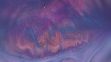 Bulanık renk akışı. Akrilik dalga. Odaklanmamış turuncu mor renkli parlak pigmentler soyut yaratıcı sanat arka planına yayılıyor..