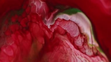 Mürekkep dalgası. Dalgacık sıvısı. Akrilik su damlasında çözünmüş kırmızı yeşil renkli boya soyut yaratıcı arka planda yayılıyor.