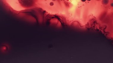 Kimya sıvısı. Emülsiyon akışı. Odaklanmamış koyu kırmızı su boyası sıvı yağ kabarcığı dokusu siyah soyut sanat ışığı arka planına dökülmüş..