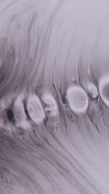 Dikey video. Grunge damlası. Islak kağıt mürekkebi. Siyah pigment sıvısı beyaz arkaplanı düşürür. Gri kirli sıçrama lekesi soyut bulanık doku.