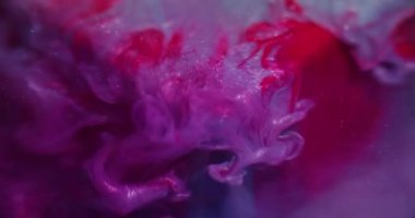 Paint leak. Blur sparkling flow. Colorful acrylic blob swirl mix on art cube. Sequin particles pink purple red fluid abstract background.