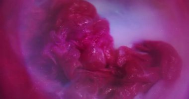 Duman akıyor. Boya çözünmüş dalga. Mor mor sıvının içinde pembe, kırmızı, pırıl pırıl bir su sıçraması. Çember halka çerçevesi soyut bokeh renk arkaplanı.