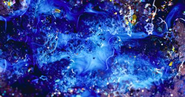 Art texture blur. Ink mix. Colorful pigment spill on uneven shiny blue background. Spectrum paint flow abstract glitter confetti glow.