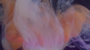 Buhar mürekkebi. Dönen sis. Odaklanmamış turuncu mavi mor simli kırık ampul soyut koyu siyah arkaplanda yüzüyor..