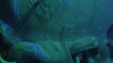 Mürekkep sızıntısı. Boya döküldü. Parlak yeşil akrilik sıvı sanat küresinin üzerine dökülüyor. Renkli su titreşimli karışım bokeh ışık soyut arkaplan.