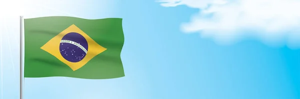 Flagga Brasilien viftar på en blå himmel bakgrund. — Stock vektor