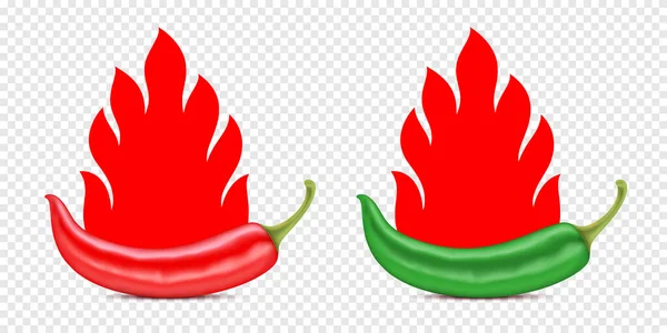 火の炎の赤ピーマンと緑のピーマンのセット. — ストックベクタ
