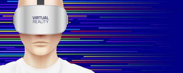 Homem com fone de ouvido VR, em um fundo colorido. — Vetor de Stock