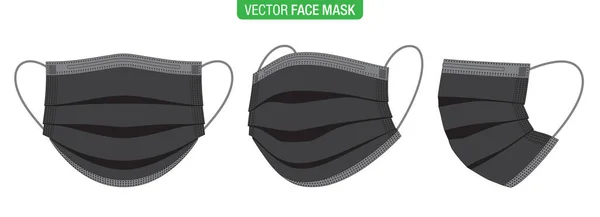 Schwarze flache medizinische Maske in verschiedenen Blickwinkeln. — Stockvektor