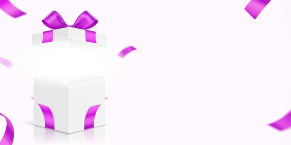 Boîte cadeau blanche ouverte avec ruban rose et noeud. — Image vectorielle