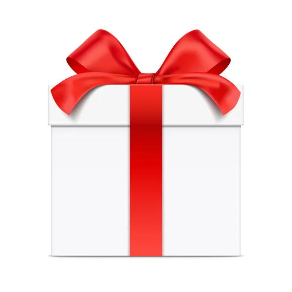 Vector weiße Geschenkbox mit roter Satinschleife. — Stockvektor