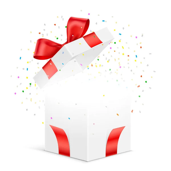 Caja de regalo abierta con confeti colorido explotado. — Vector de stock