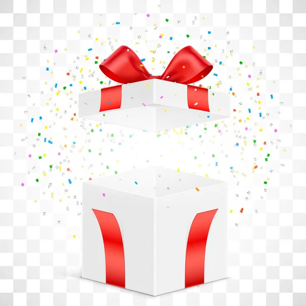 Caja de regalo abierta con confeti colorido explotado. — Vector de stock