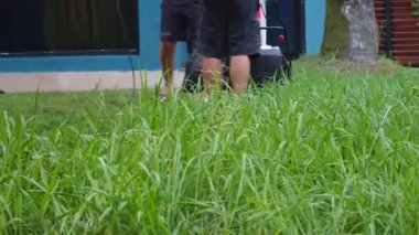 Çim biçme makinesi arka bahçedeki uzun otları budarken alçak açıdan görülür. Bahçe düzenleyicisi, bahçeyi korumak için makineyi kullanıyor.