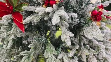 Sahte karla kaplı yapay Noel ağacı dalları. Kırmızı noktalı çiçekler ve böğürtlen süsleri Noel ağacını süslüyor.