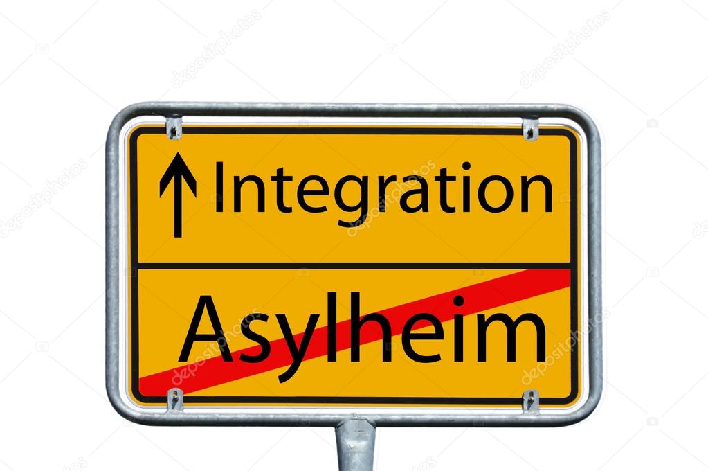 sign with the german words asylum home and integration