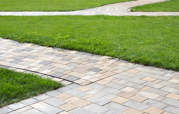 Caminho pavimentado e prado verde — Fotografia de Stock