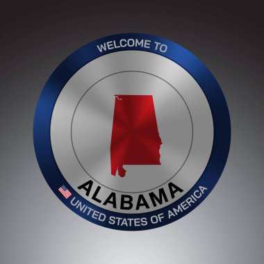 İşaret Kalkanı stili Amerika Birleşik Devletleri. Mesaj, Alabama ve Kırmızı Harita ile Gri Arkaplan vektör Sanat Resim Çizimi.