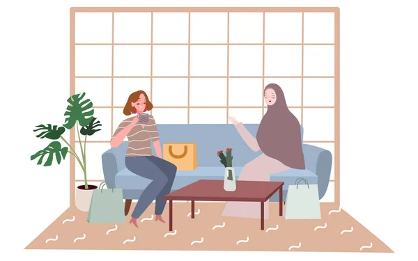 Två kvinnor chatt prata håll kopp dryck sittande soffa shoppingväska i väntrum med platt tecknad stil design illustration — Stock vektor