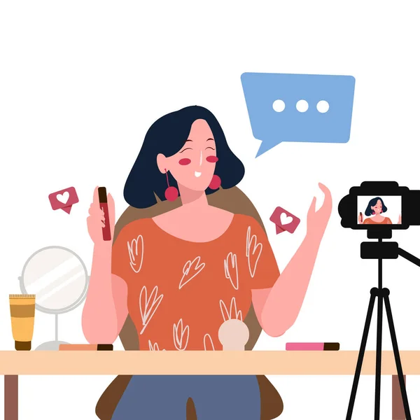 Bellezza donne vlogger presentazione tutorial make up in front camera streaming video di registrazione con stile piatto cartone animato — Vettoriale Stock
