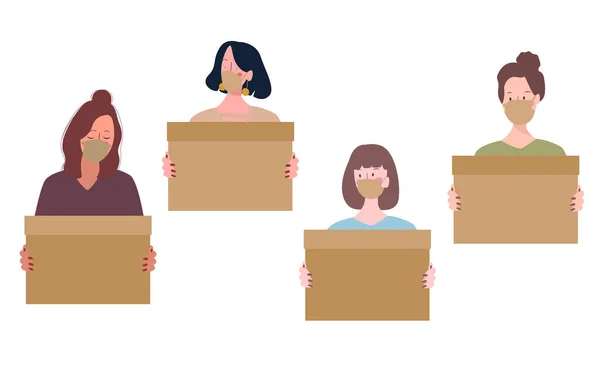 Colección de personajes de las mujeres utilizan máscara caja de espera tristeza blanco aislado trabajo de pérdida de fondo porque corona concepto pandémico con estilo de dibujos animados planos — Vector de stock