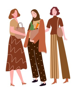 Kadınlar, düz stili olan arkadaşlarıyla havuç torbası sebze alışverişi yapar.