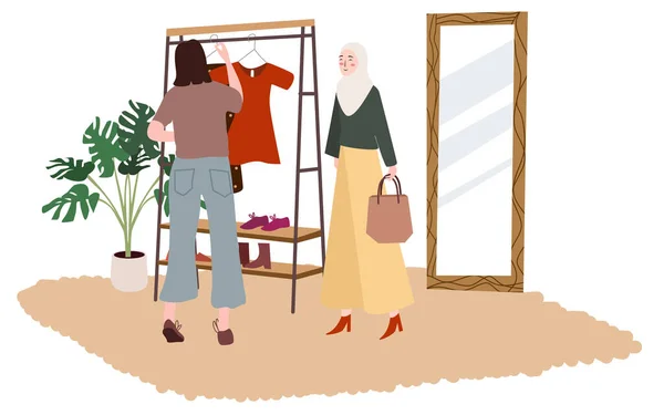 Nők vásárol butik válassza ruhák lógó állvány lapos stílusban — Stock Vector