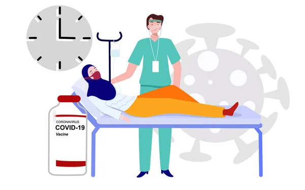 ベッドの上の患者輸液フロントドクターパラメディックボトルコロナウイルスワクチン時計フラットスタイル — ストックベクタ