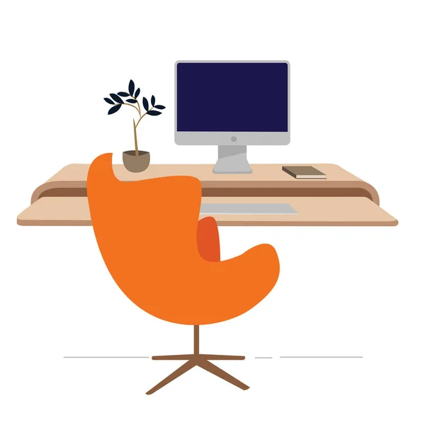 Arbetsplats komfort stol skrivbord dator anläggning med tecknad platt stil — Stock vektor