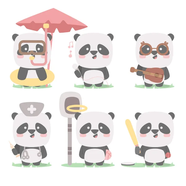 Panda Charakter Set Sammlung Maskottchen niedlich Tier Schnorcheln Sänger Gitarre Arzt Basketballball mit flachen Cartoon-Stil — Stockvektor