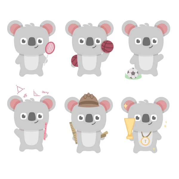Koala carácter conjunto colección mascota lindo animal fútbol tenis baloncesto estudiante scout ganador gimnasio ejecutar ganador con estilo plano de dibujos animados — Vector de stock