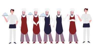 Şef garson koleksiyon takımı duruşu düz çizgi film tarzıyla servis tepsisini tutuyor.