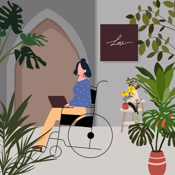 Funktionshindrade kvinnor sitter på rullstolar arbetar på laptop runt växter med platt tecknad stil — Stock vektor