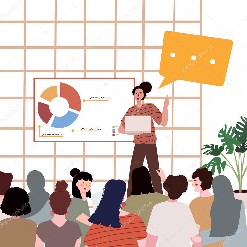 women speaker standing on podium hold laptop coaching to seminar participant near pie chart with flat cartoon style