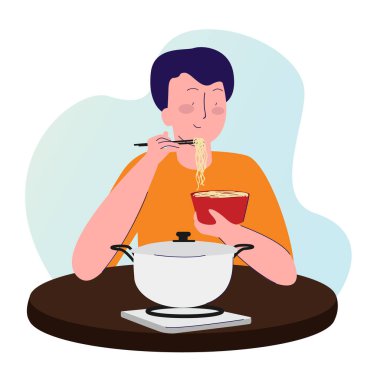 Erkekler makarnalarını düz çizgi film stili yemek çubuklarıyla yerler.