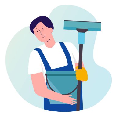 Temizlikçiler süpürge kovasını düz çizgi film tarzıyla tutuyorlar.